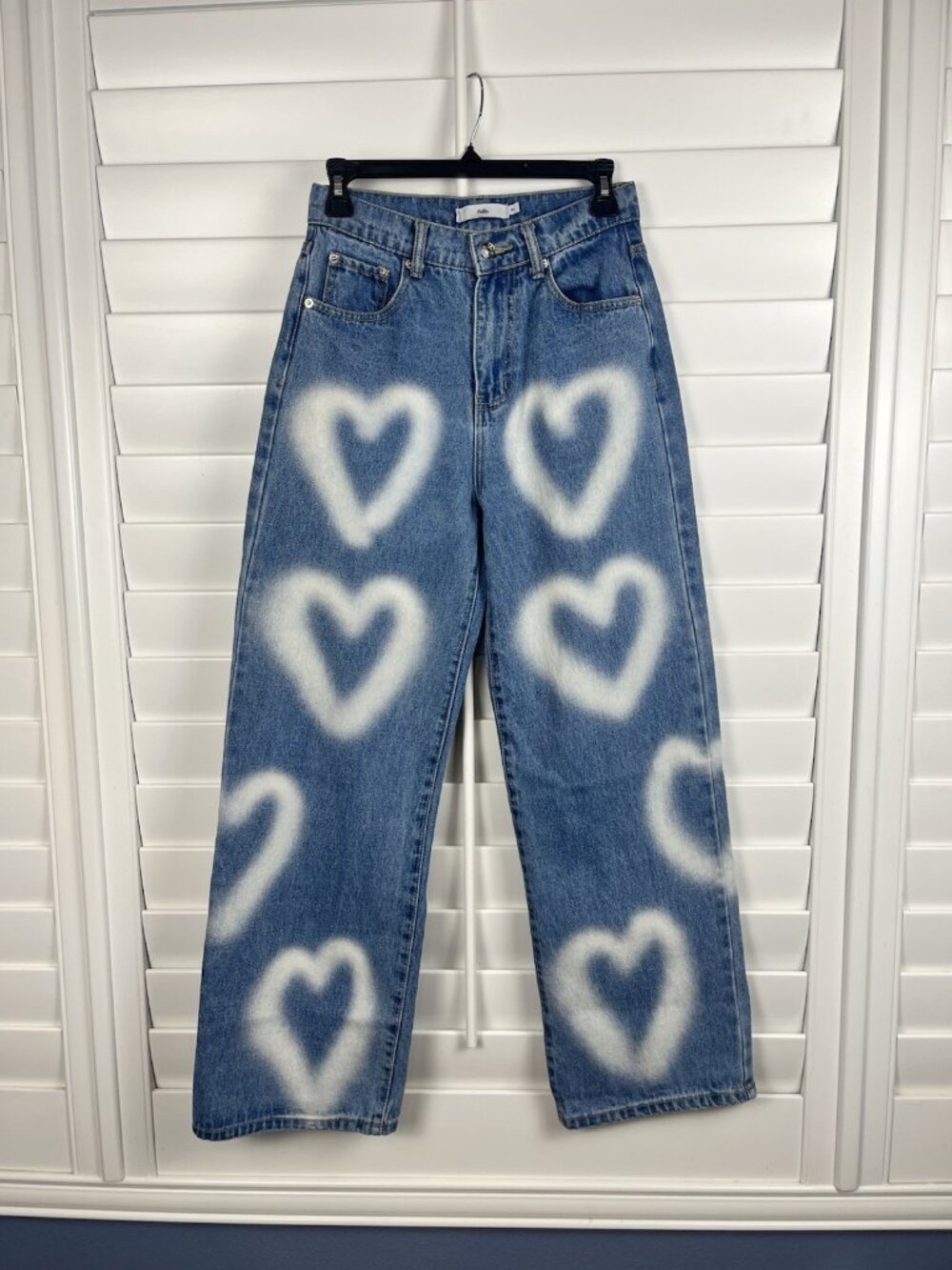 Adika Women’s Denim wide leg Jeans White Heart Print 100% Cotton Button Size S